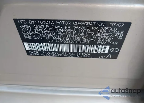 2007 Lexus Es 350 из США, поврежденный, VIN JTHBJ46G872108901